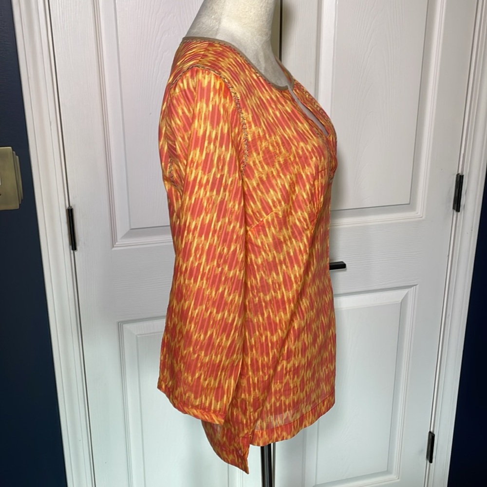 Eddie Bauer Peasant Tunic Blouse Pink Orange Tie Dye Split Neck 3/4 Sleeve - Picture 4 of 8